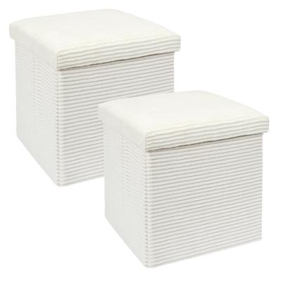 Poef/hocker - 2x - opbergbox - rib - wit - polyester/mdf - 38 x 38 cm