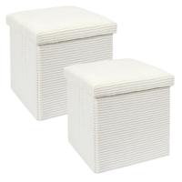 Poef/hocker - 2x - opbergbox - rib - wit - polyester/mdf - 38 x 38 cm