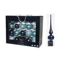 42x stuks glazen kerstballen ijsblauw (blue dawn)/donkerblauw 5-6-7 cm inclusief donkerblauwe piek - Kerstbal - thumbnail