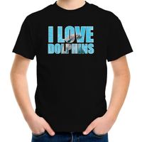 Tekst t-shirt I love dolphins met dieren foto van een dolfijn zwart voor kinderen Tekst t-shirt I love dolphins met dieren foto van een dolfijn zwart voor kinderen