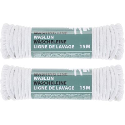 2x stuks waslijn/drooglijn wit 15 meter van polyester