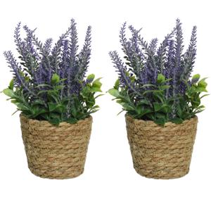 2x lavendel kunstplant in gevlochten plantenmand - paars - D12 x H26 cm