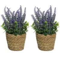 2x lavendel kunstplant in gevlochten plantenmand - paars - D12 x H26 cm