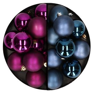 Decoris - kerstballen 24x stuks - mix donkerblauw en paars - 6 cm - kunststof