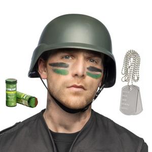 Carnaval verkleed accessoires setje heren - Soldaten helm - camou schmink stift - dogtags