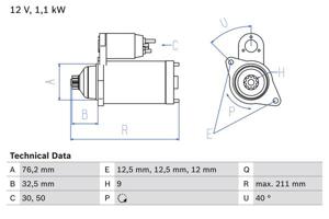 Startmotor / Starter BOSCH, Spanning (Volt)12V, u.a. für VW, Seat, Ford, Audi, Skoda