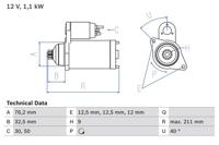 Startmotor / Starter BOSCH, Spanning (Volt)12V, u.a. für VW, Seat, Ford, Audi, Skoda - thumbnail