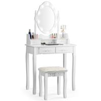 Kaptafelset met Ovale Spiegel en 10 Dimbare LED-lampen Klassieke Make-up-kaptafelset 75 x 40 x 146 cm Wit