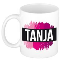 Naam cadeau mok / beker Tanja met roze verfstrepen 300 ml - thumbnail