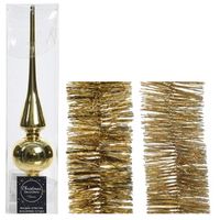 Kerstversiering glazen piek glans 26 cm en folieslingers pakket goud van 3x stuks