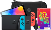 Nintendo Switch OLED Rood/Blauw + Just Dance 2024 + BlueBuilt Beschermhoes