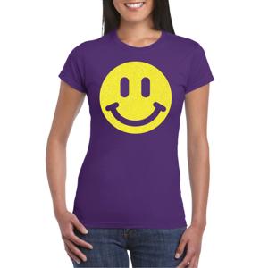 Verkleed T-shirt voor dames - Smile Emoticon - paars - carnaval/foute party - feestkleding