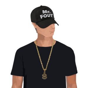 Mr. FOUT baseballcap zwart/zilver heren en een zilveren dollarketting