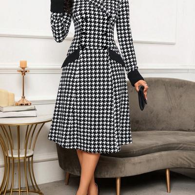 Bon&Bon Houndstooth Double-Breasted Lapel Neck A-Line Office Midi Dress Black and White / S