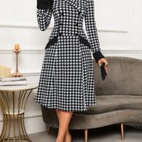 Bon&Bon Houndstooth Double-Breasted Lapel Neck A-Line Office Midi Dress Black and White / S