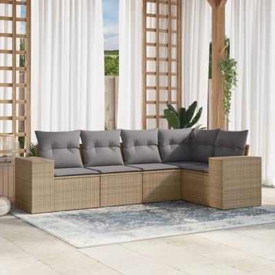 5-delige Loungeset met kussens poly rattan beige