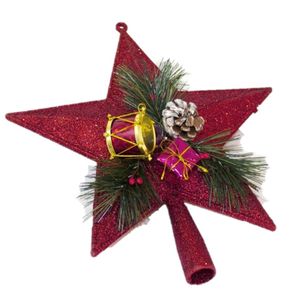 Kunststof kerstboom ster piek rood 21 cm - Kerstpieken met decoratie