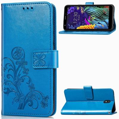 Voor LG K30 2019 4-blad clasp reliëf gesp mobiele telefoon bescherming lederen draagtas met Lanyard & kaartsleuf & portemonnee & beugel functie (blau