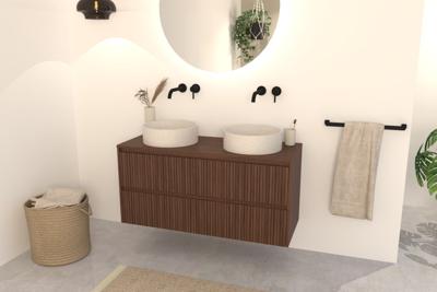 Walnuss-Badmöbel Nila 120 cm - Riffel-Front mit 4 Softclose-Schubladen