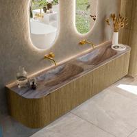 Badmeubel Mondiaz Kurve-Dlux | 200 cm | Meubelkleur Dusk | Wastafelkleur Oza | Solid surface | Wasbak beide zijden spoelbak | Zonder kraangat(en)