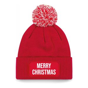 Kerst muts met pompom - Merry Christmas - rood - one size - unisex - Kerstmuts