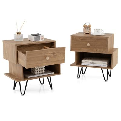Set Nachtkastjes 2 Mid-Century Moderne Bijzettafeltjes met Uitneembare Lade en Open Vak Bijzettafeltjes voor Bank met Metalen Poten