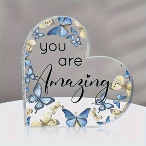 Glazen Hartvormige Herinneringsstandaard - 'You Are Amazing' met Blauwe Vlinders - Sieraden - Spiritueelboek.nl