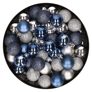 Kleine kunststof kerstversiering 40x stuks set en 3 cm kerstballen in het zilver en donkerblauw