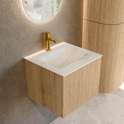 Badmeubel Mondiaz Kurve-Dlux | 50 cm | Meubelkleur Oak | Wastafelkleur Ostra | Solid surface | Midden spoelbak | 1 kraangat