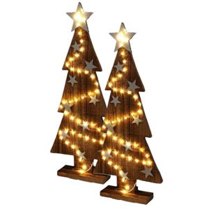 Decoratie kerstbomen - 2x - hout - met LED verlichting - H54 cm - 50 micro lampjes - warm wit