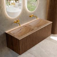 Badmeubel Mondiaz Kurve-Dlux | 120 cm | Meubelkleur Walnut | Wastafelkleur Arena | Solid surface | Wasbak beide zijden spoelbak | Zonder kraangat(en)