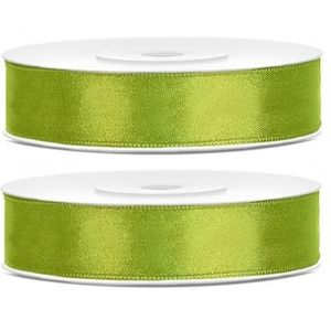 2x Hobby/decoratie lime groene satijnen sierlinten 1,2 cm/12 mm x 25 meter