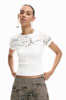 Geribd T-shirt met lettering - WHITE - XL