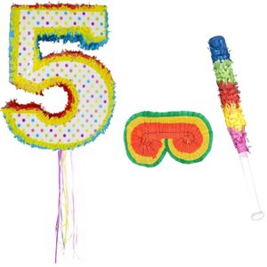 Verjaardag Pinata nummer 5 van 105 x 40 cm - set met stok en masker