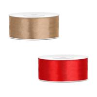 Bellatio decorations 2x rollen satijn cadeaulint/sierlint - 2.5 cm x 25 meter - rood en goud