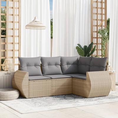 4-delige Loungeset met kussens poly rattan beige