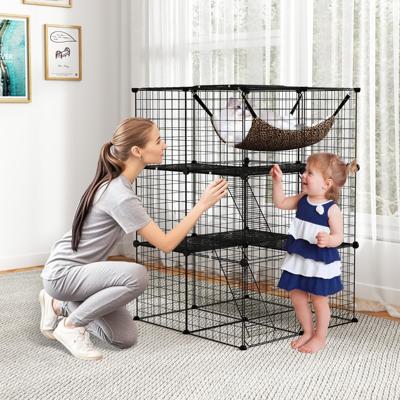 107 cm Kattenren met 3 Verdiepingen Huisdierkooi met Comfortabele Hangmat Afneembare Metalen Draadkooi voor Katten Zwart
