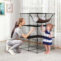 107 cm Kattenren met 3 Verdiepingen Huisdierkooi met Comfortabele Hangmat Afneembare Metalen Draadkooi voor Katten Zwart