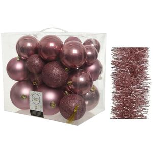 Kerstversiering kunststof kerstballen 6-8-10 cm met folieslingers pakket oud roze van 28x stuks