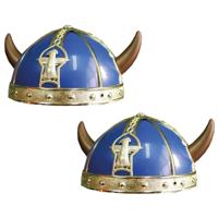 Gallier/vikingen verkleed helm met hoorns - 2x stuks - blauw - Carnaval verkleed hoeden - volwassene