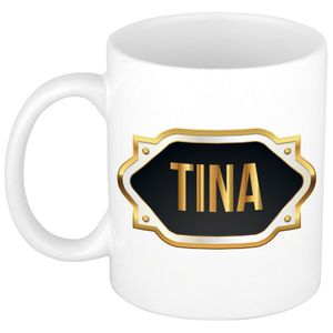 Naam cadeau mok / beker Tina met gouden embleem 300 ml