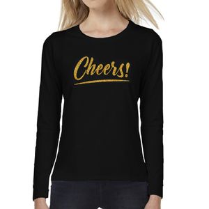 Cheers goud tekst longsleeve zwart dames - Oud en Nieuw / Glitter en Glamour goud party kleding shir