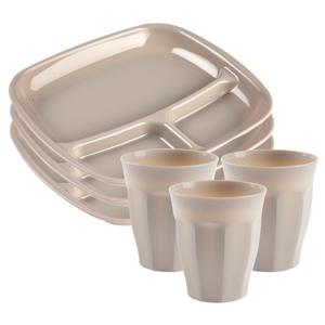 Servies van kunststof - 6x vakjesborden en 6x drinkbekers - beige