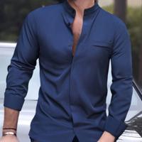 Bon&Bon Mode Men's Army Green Stand Collar Long Sleeve Casual Shirt Navy Blue / M