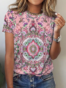 Crew Neck Boho Loose Ethnic T-Shirt