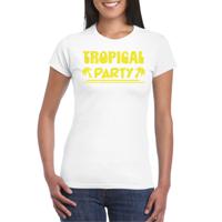 Tropical party T-shirt voor dames - met glitters - wit/geel - carnaval/themafeest