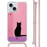 iPhone 15 hoesje met rosegoud koord - Zwarte kat