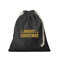 1x Kerst cadeauzak zwart Merry Christmas gouden glitters met koord voor als cadeauverpakking
