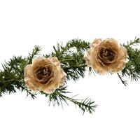 Decoratie roos - 2x stuks - op clip - goud - 14 cm - kunststof - kerstbloemen - kerstboomversiering