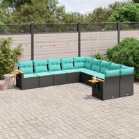 10-delige Loungeset met kussens poly rattan zwart